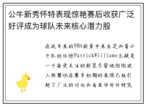 公牛新秀怀特表现惊艳赛后收获广泛好评成为球队未来核心潜力股