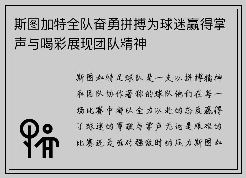 斯图加特全队奋勇拼搏为球迷赢得掌声与喝彩展现团队精神